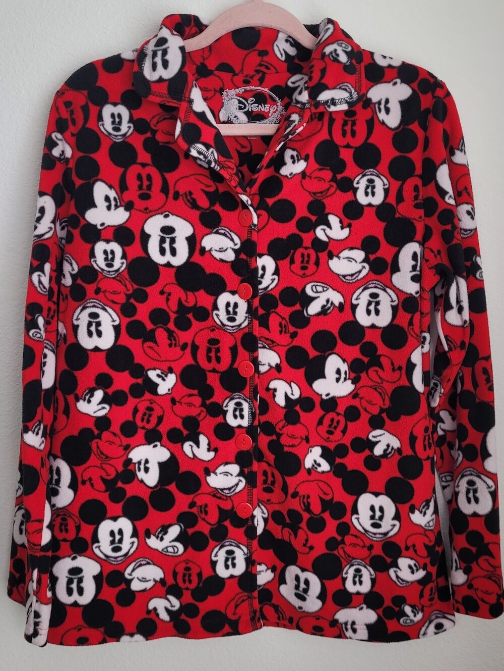 Disney Mickey Mouse Fleece Button Down Pajama Top Red Black L Loungewear Cozy - Picture 1 of 6